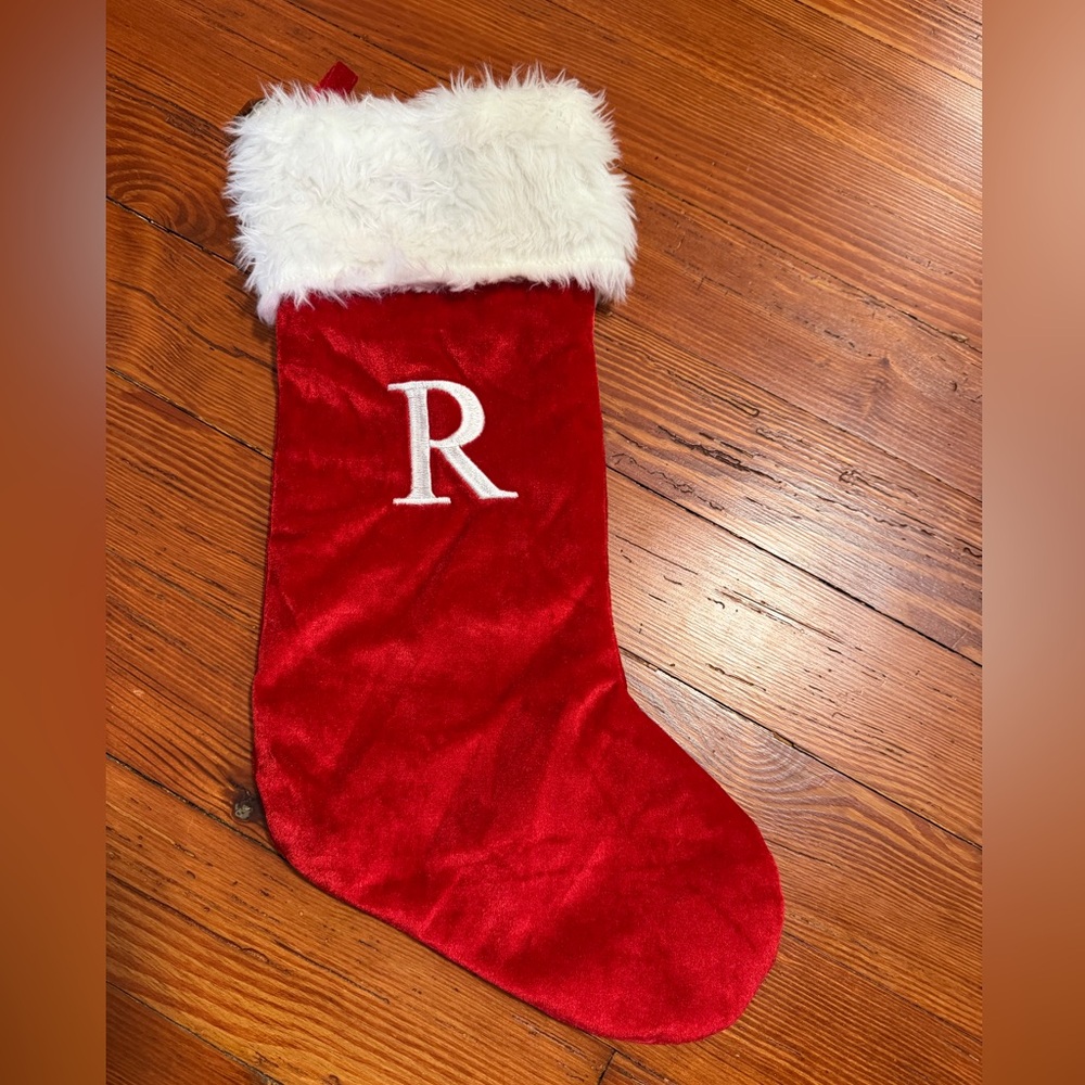 Monogrammed Red Velvet Christmas Stocking with bell on White Cuff - Letter R